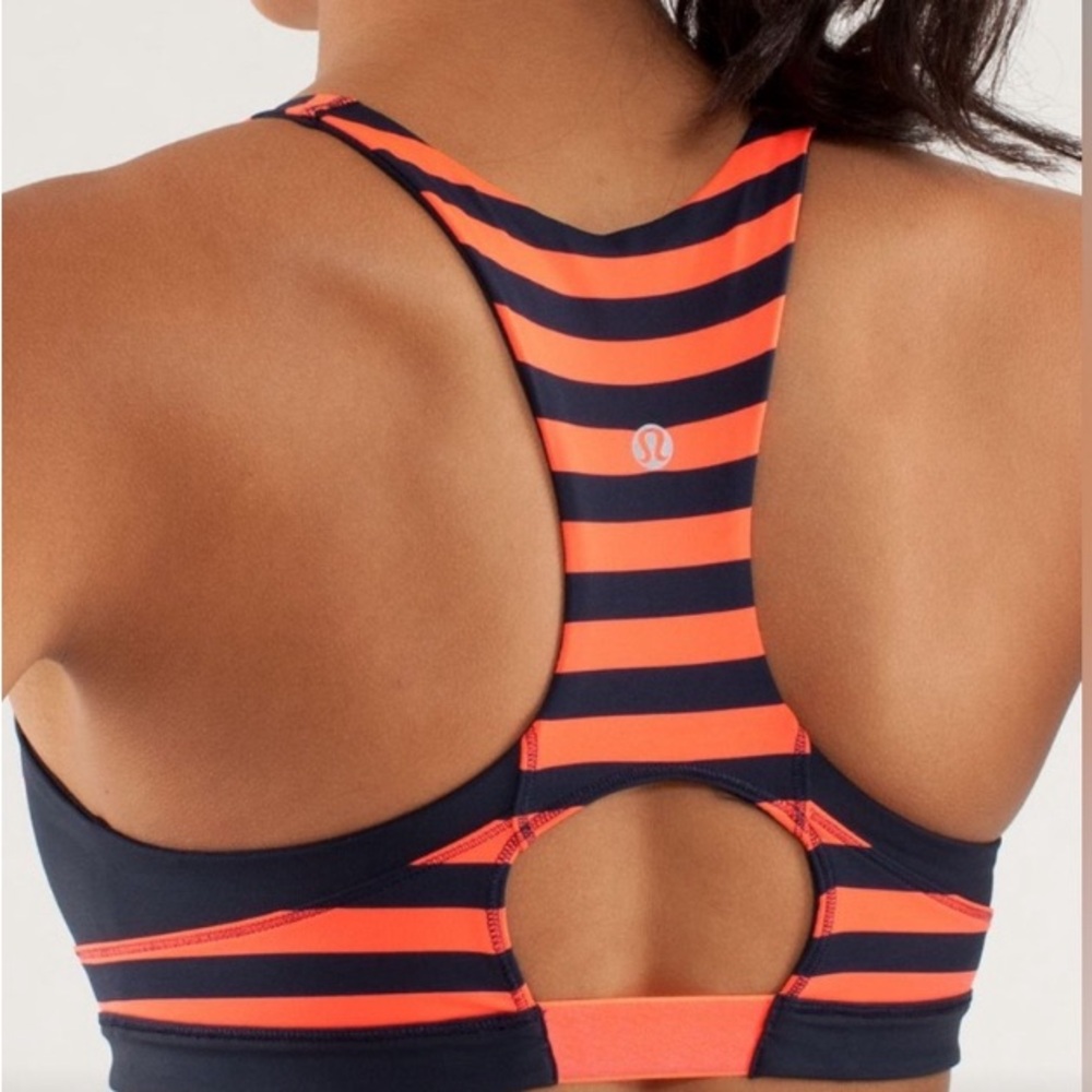 Lululemon Run Top Speed Bra, Sea Stripe Light Flare Inkwell, Blue and orange